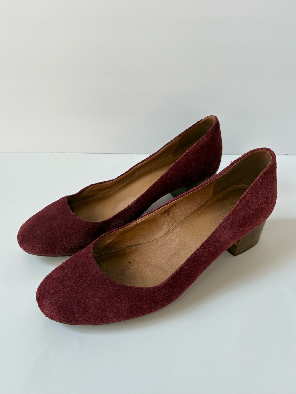 Madewell Block Wooden Heels Burgundy Suede Round Toe Ella Pumps Career Academia